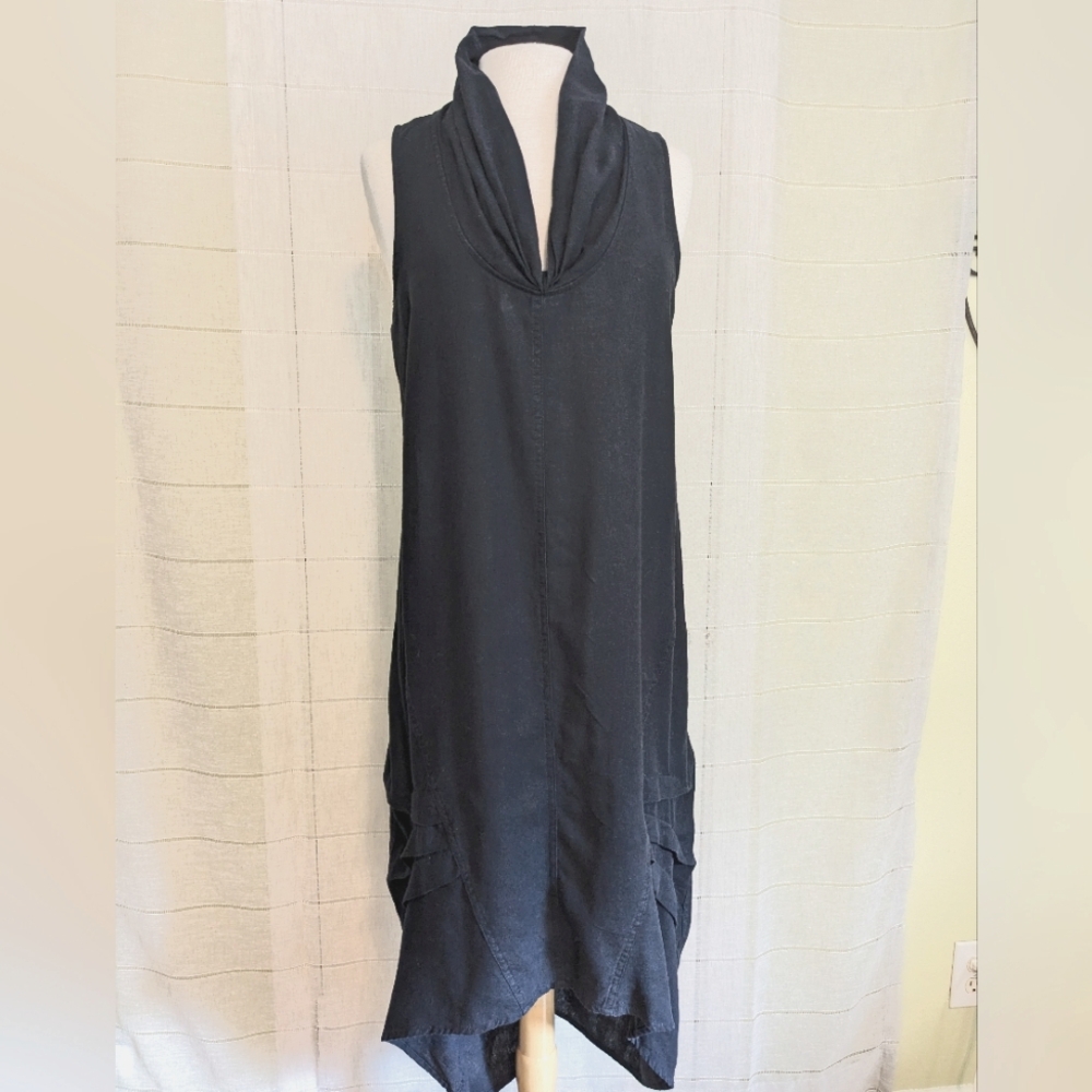 Cynthia Rowley Black Sleeveless Midi Dress with Draped Collar